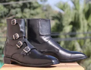 Handmade Black Triple Buckle Boots For Men's