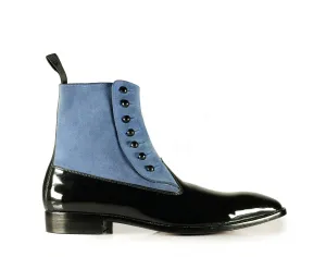 Handmade Blue Black Pure Leather Suede Stylish Button Top Ankle Boot