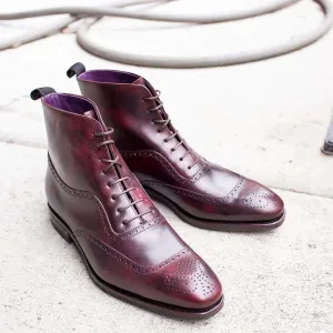 Handmade Brogue Toe Burgundy Lace Up Boot