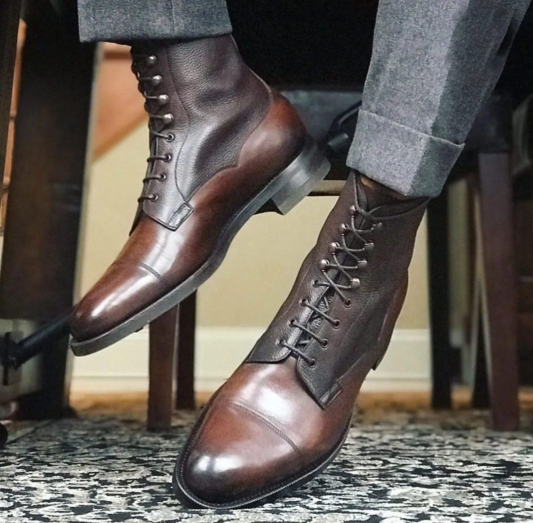 Handmade Brown Ankle Cap Toe Leather & Pebbled Leather Men's Boot