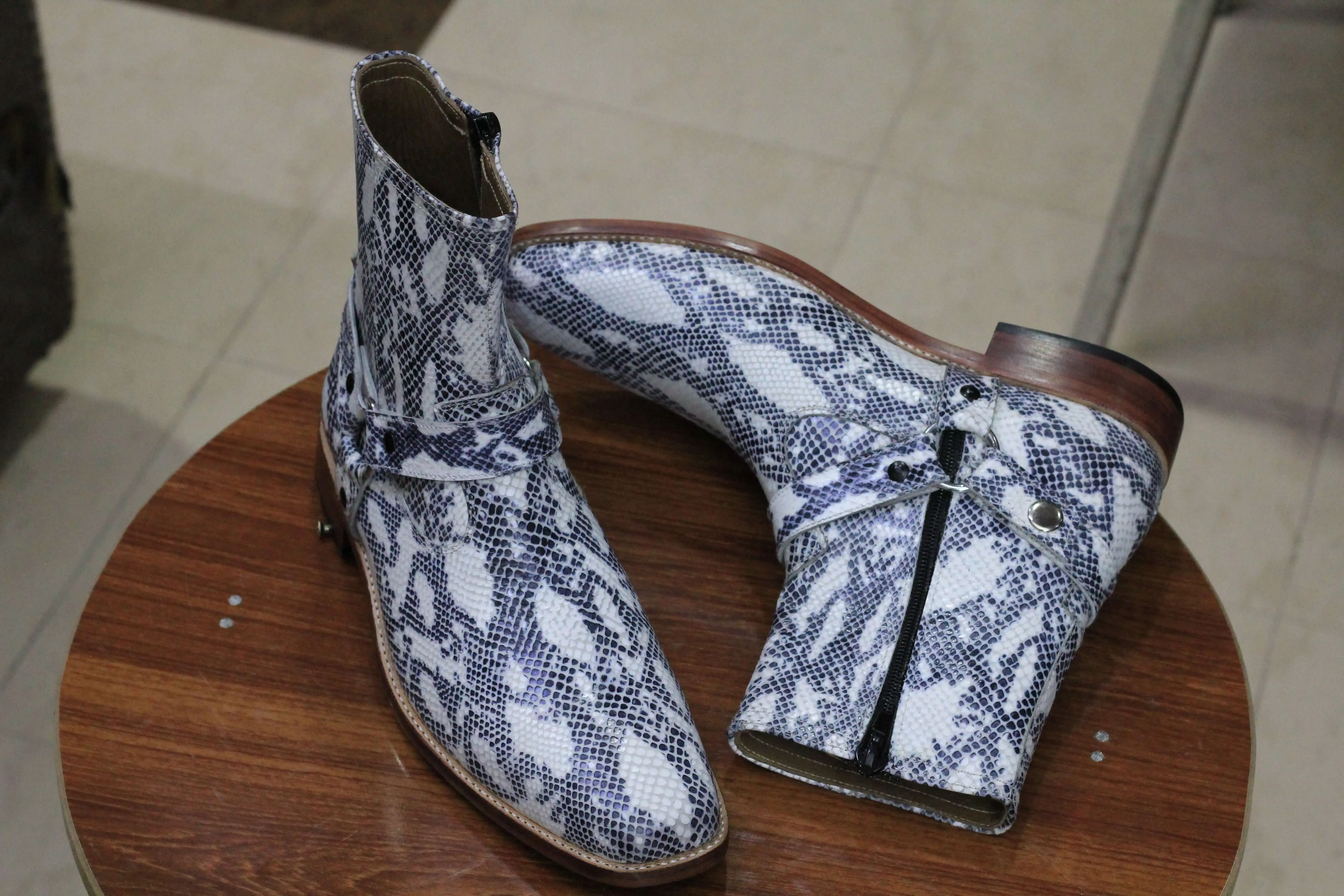 Handmade New Stylish Anaconda Print Boot, Side Zipper Boot,Harness Boot