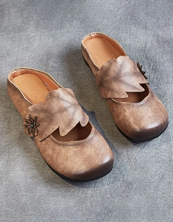 Handmade Retro Leather Leaf Flat Slippers