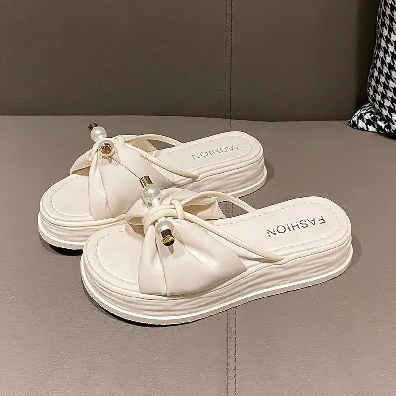 Hnzxzm Slides Women's Slippers and Ladies Sandals Thick Off White Pearl Indoor Open Toe on Beach Outside Shoes with Bow Chic Elegant