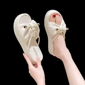 Hnzxzm Slides Women's Slippers and Ladies Sandals Thick Off White Pearl Indoor Open Toe on Beach Outside Shoes with Bow Chic Elegant