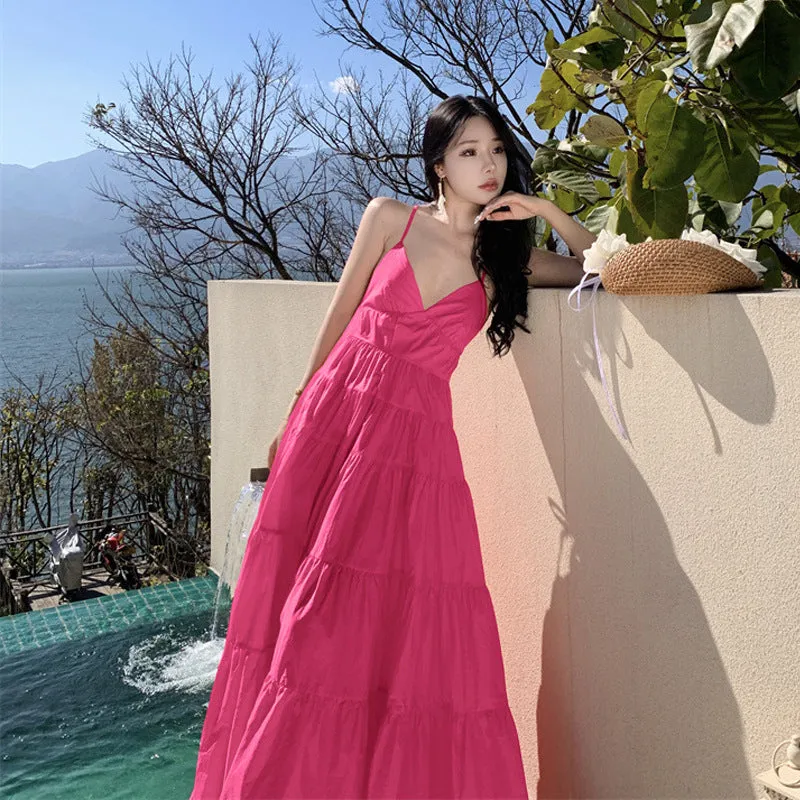 ikearlax Yunnan Travel Photography Fairy Dress Rose Red Deep V-neck Backless Sling Dress Sanya Seaside Beach Skirt Female