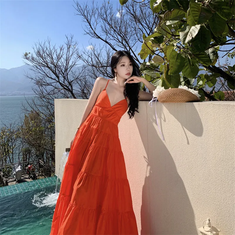 ikearlax Yunnan Travel Photography Fairy Dress Rose Red Deep V-neck Backless Sling Dress Sanya Seaside Beach Skirt Female