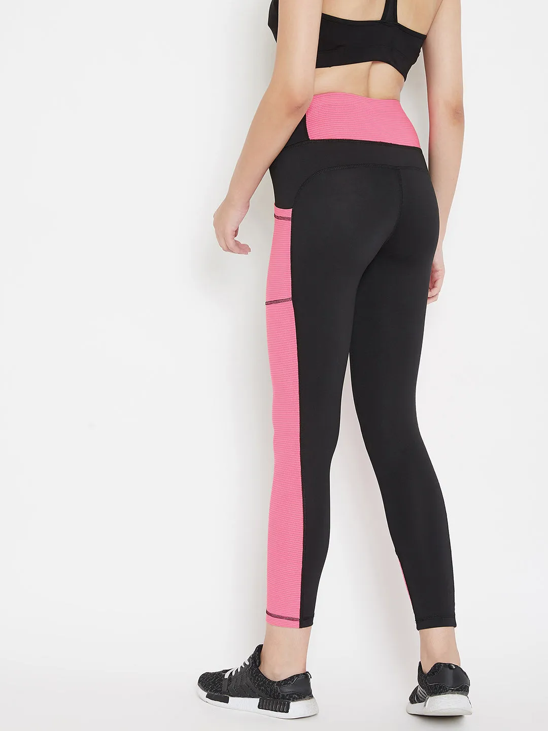 JUMP USA Women Black & Pink Colourblocked Active Wear Tights