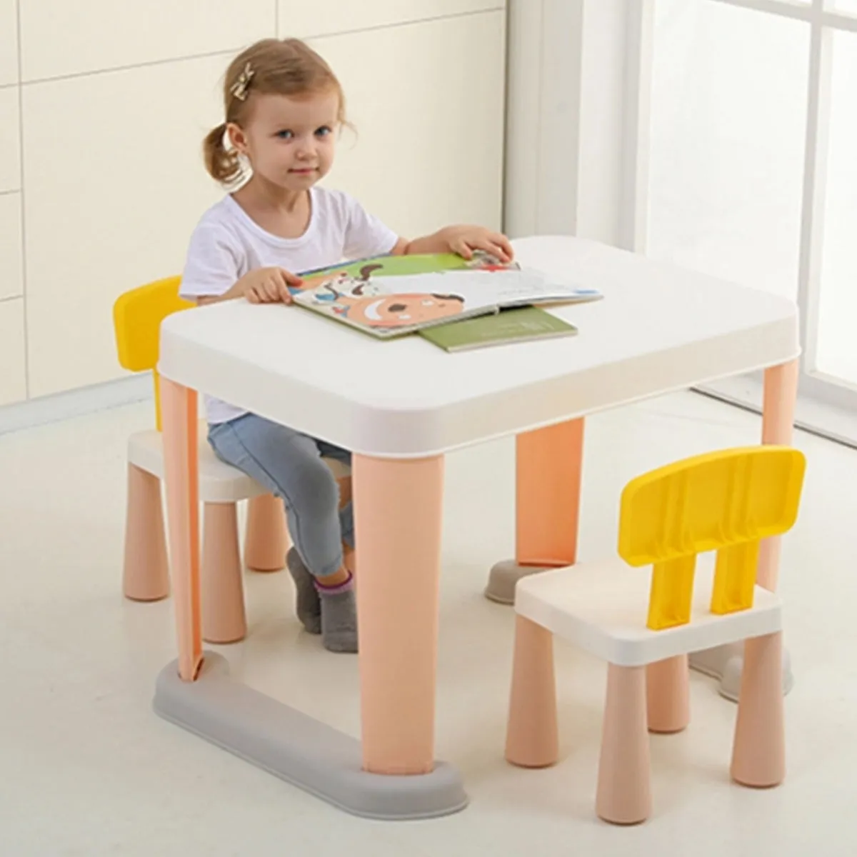 Kids Modern Non slip Table x 1  and Chair x 2 Set. Age 1 to 6 (Pink)