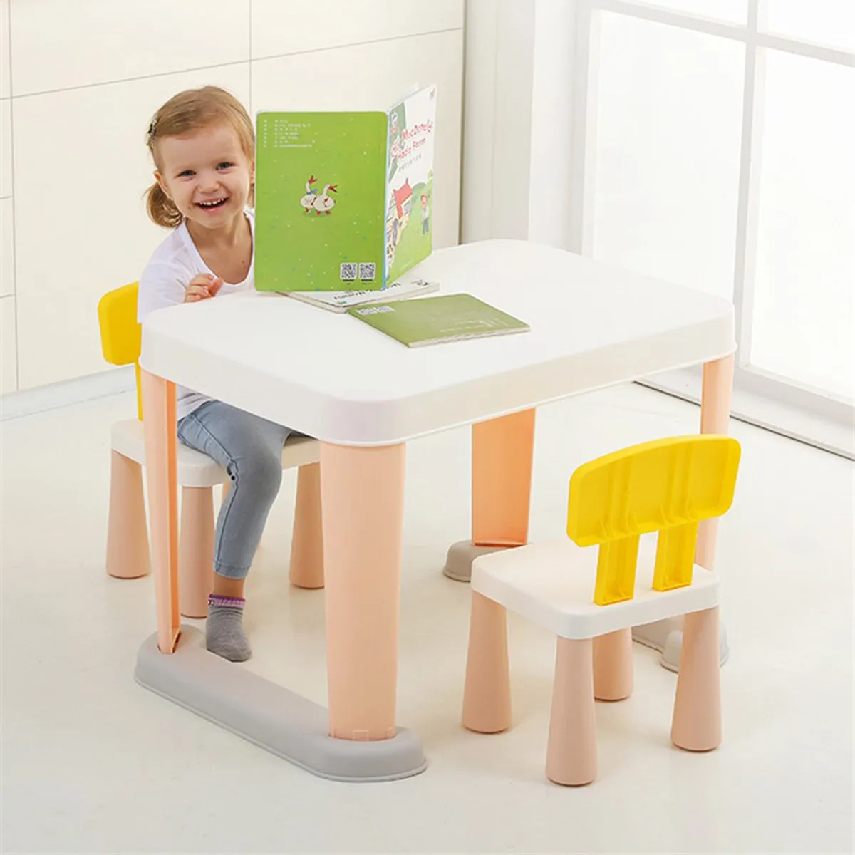 Kids Modern Non slip Table x 1  and Chair x 2 Set. Age 1 to 6 (Pink)