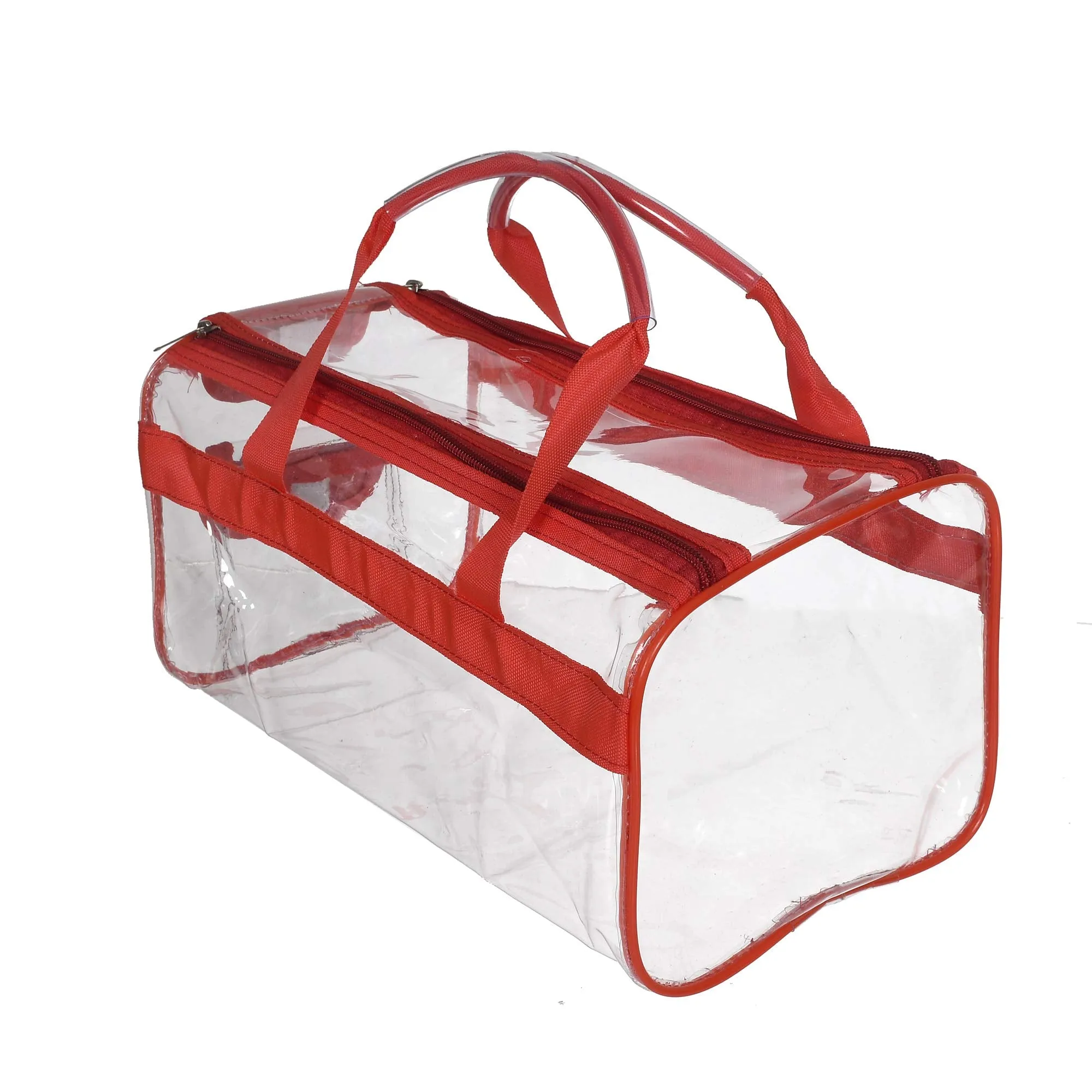 Kuber Industries Large Size Transparent Cosmetic Bag, Shoes Bag,Travel Toiletry Bag, with Sturdy Zipper and 1 External Pocket (Red)