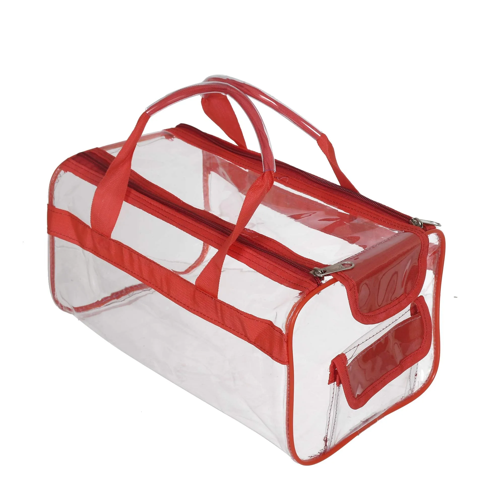 Kuber Industries Large Size Transparent Cosmetic Bag, Shoes Bag,Travel Toiletry Bag, with Sturdy Zipper and 1 External Pocket (Red)