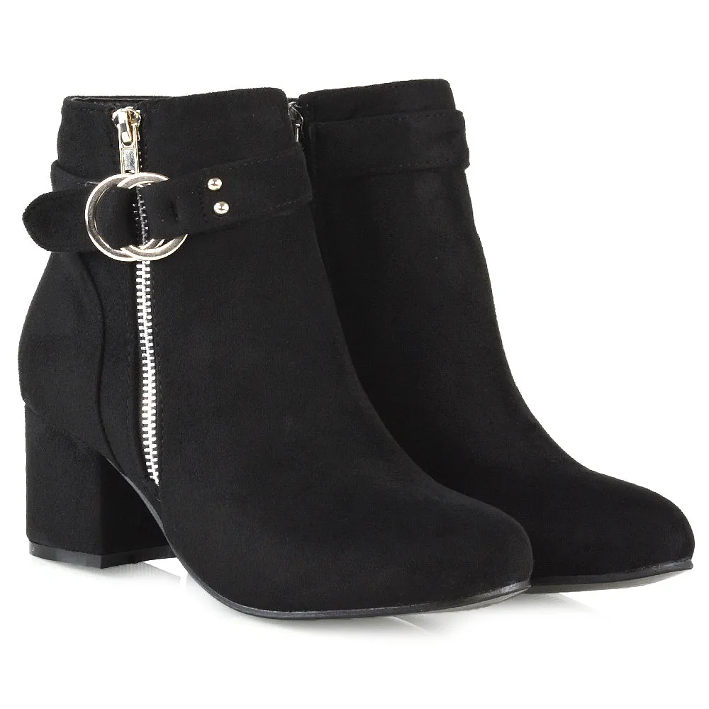 Lakesha Strap Detail Outer Zip Low Block Heeled Ankle Boots in Black Faux Suede