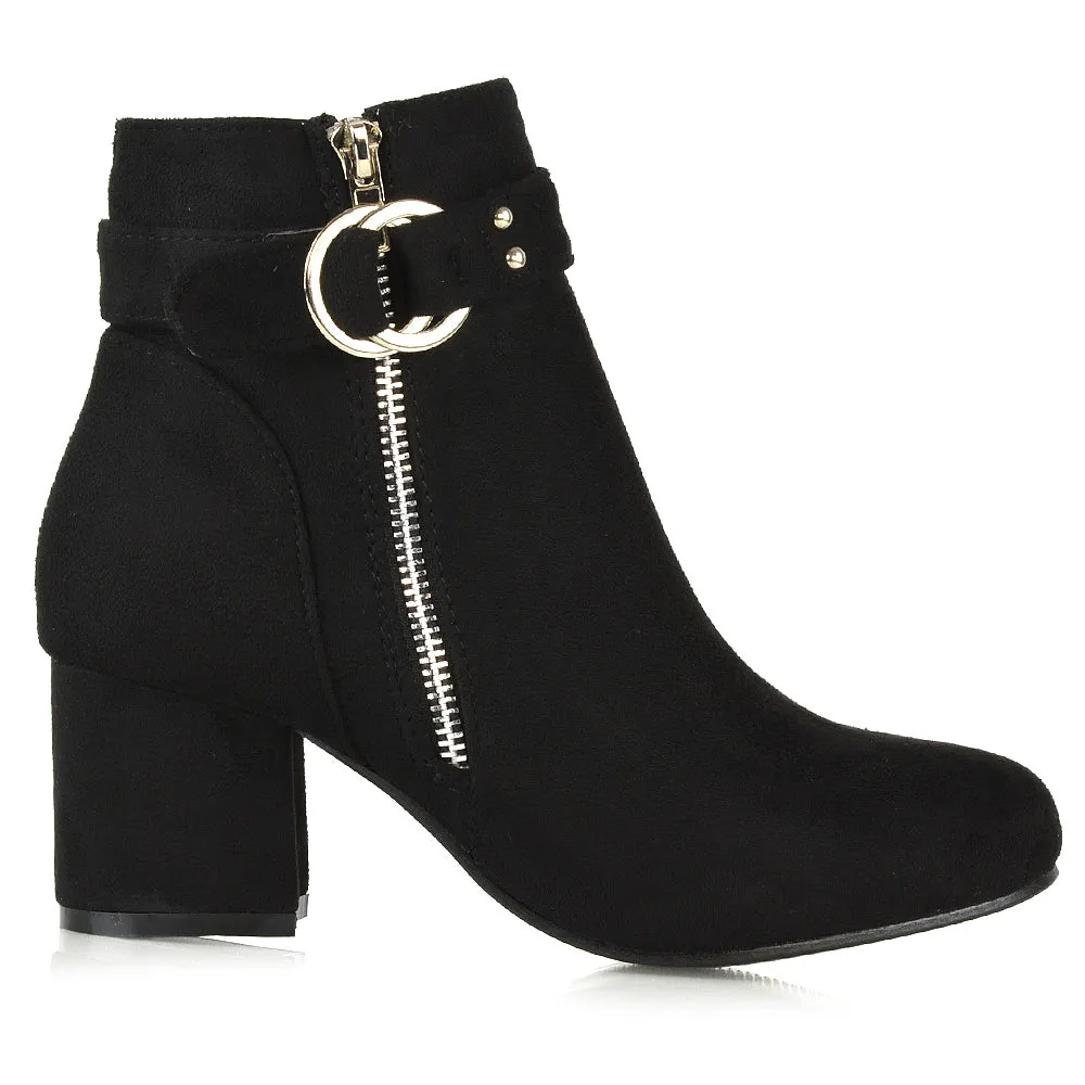 Lakesha Strap Detail Outer Zip Low Block Heeled Ankle Boots in Black Faux Suede