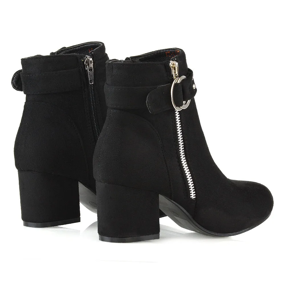 Lakesha Strap Detail Outer Zip Low Block Heeled Ankle Boots in Black Faux Suede