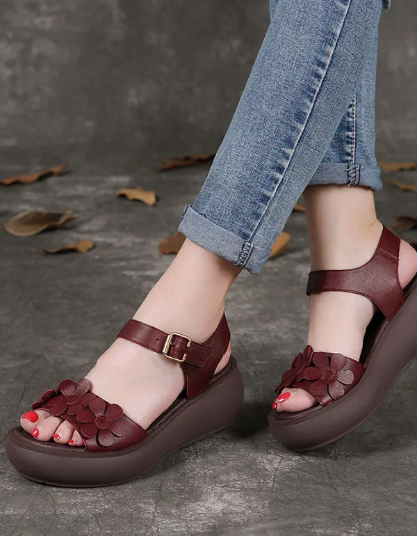 Leather Retro Flower Comfortable Wedge Sandals