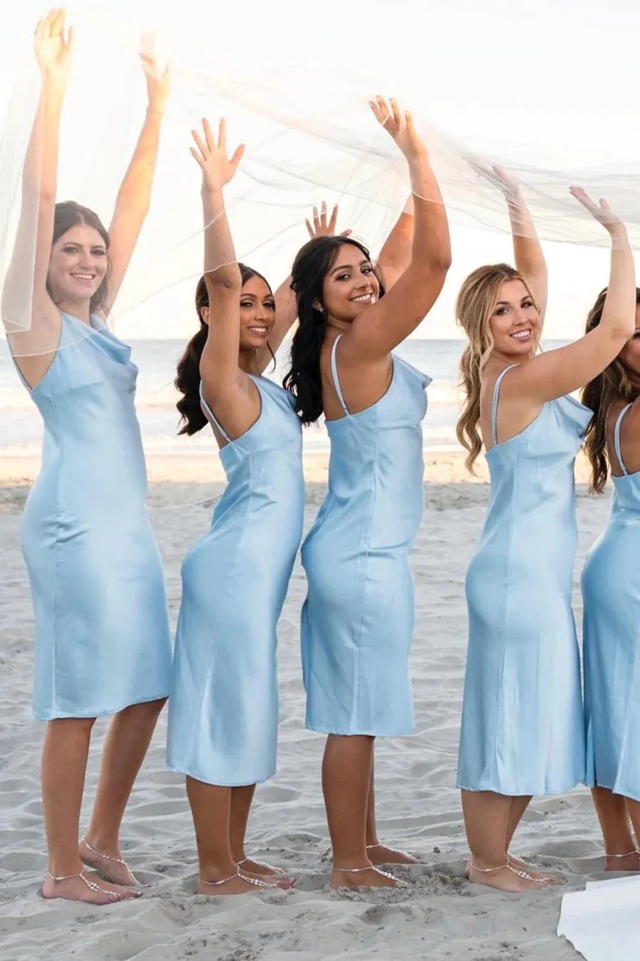 Light Blue Cowl Neck Straps Calf-Length Bridesmaid Dress  BD113