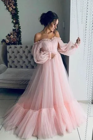 Light Pink Long Sleeves Prom Dresses, Boho Off the Shoulder Beach Wedding Dresses UQ1813