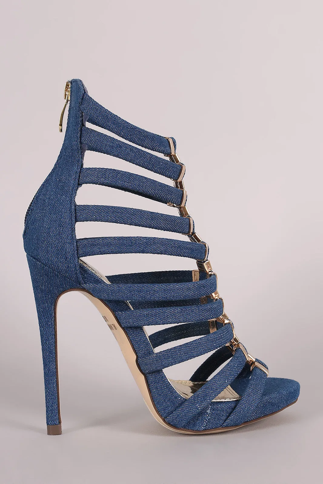 Liliana Denim Hardware Accent Strappy Stiletto Heel