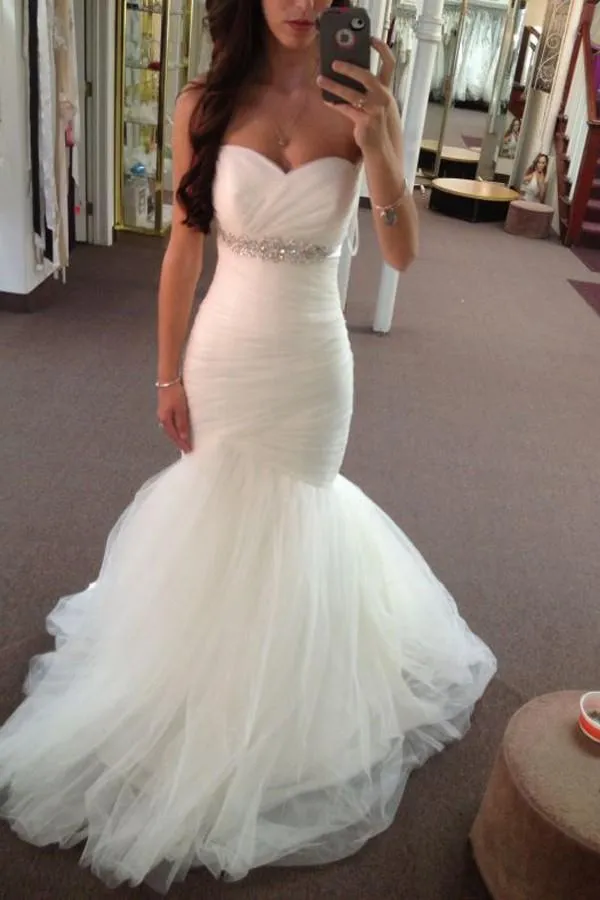 Long Mermaid Sweetheart Bridal Dress with Beads, Strapless Beach Wedding Dress UQ1767