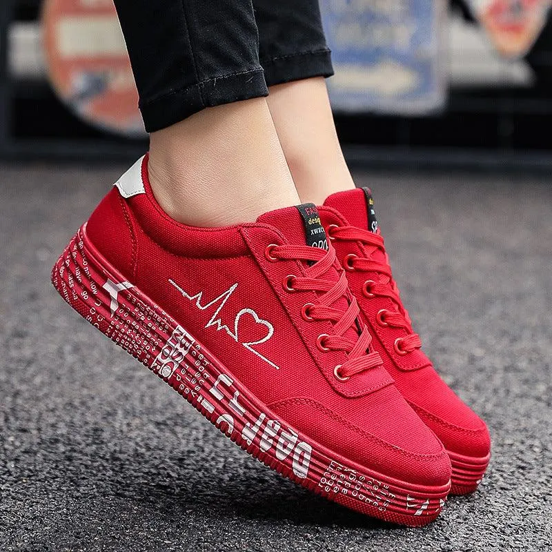 Love Print Canvas Shoes Women Men Flats Lace-up Casual Shoes Lover Sports Shoes Valentines Day