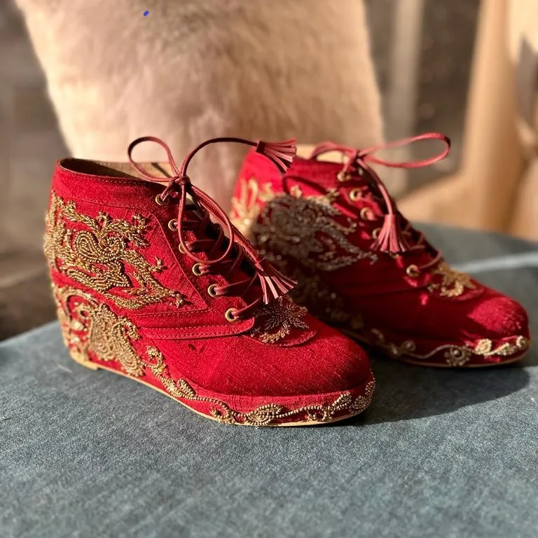 Maroon Bridal Sneaker Wedges with Gold Embroidery - Customised Wedding Shoes