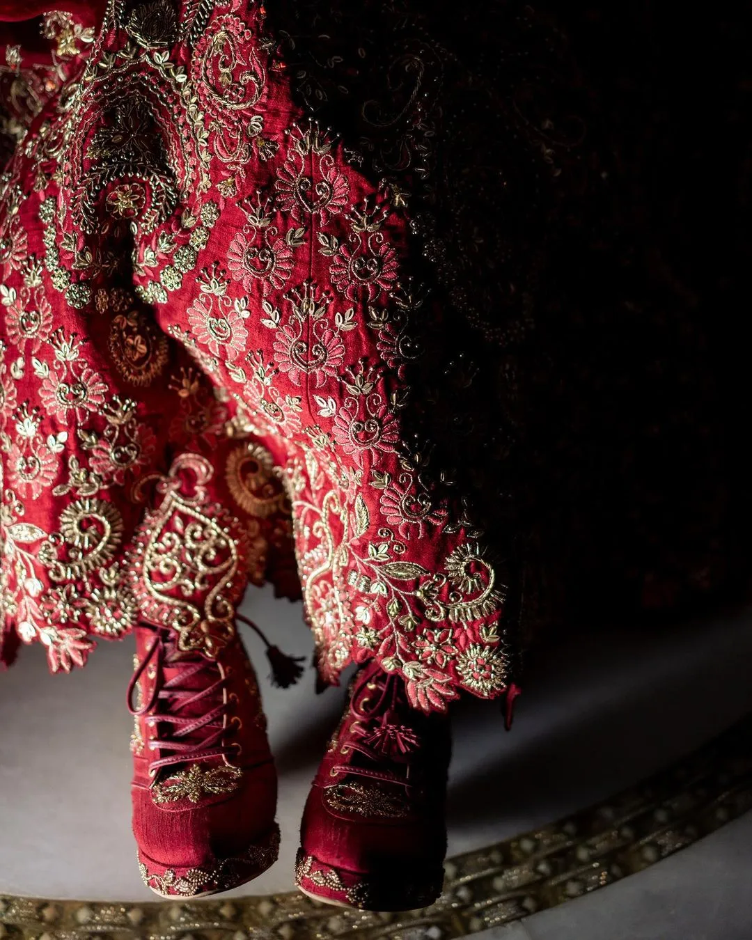 Maroon Bridal Sneaker Wedges with Gold Embroidery - Customised Wedding Shoes