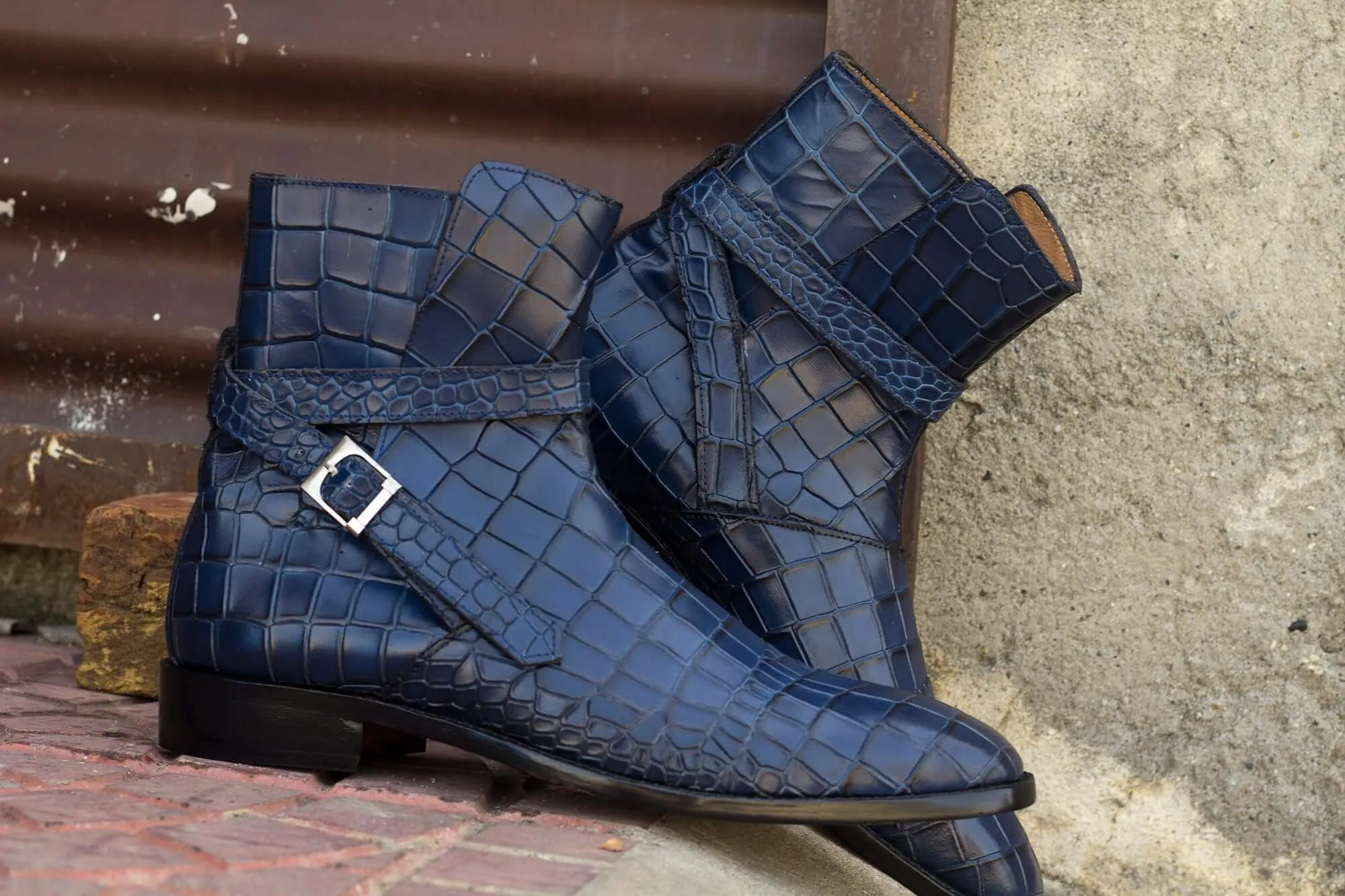 Men's Blue Alligator Leather shoes, Jodhpurs Buckle Boots Ankle Boots