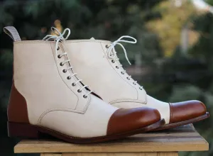 Men's Cream Brown Cap Toe Ankle Boots