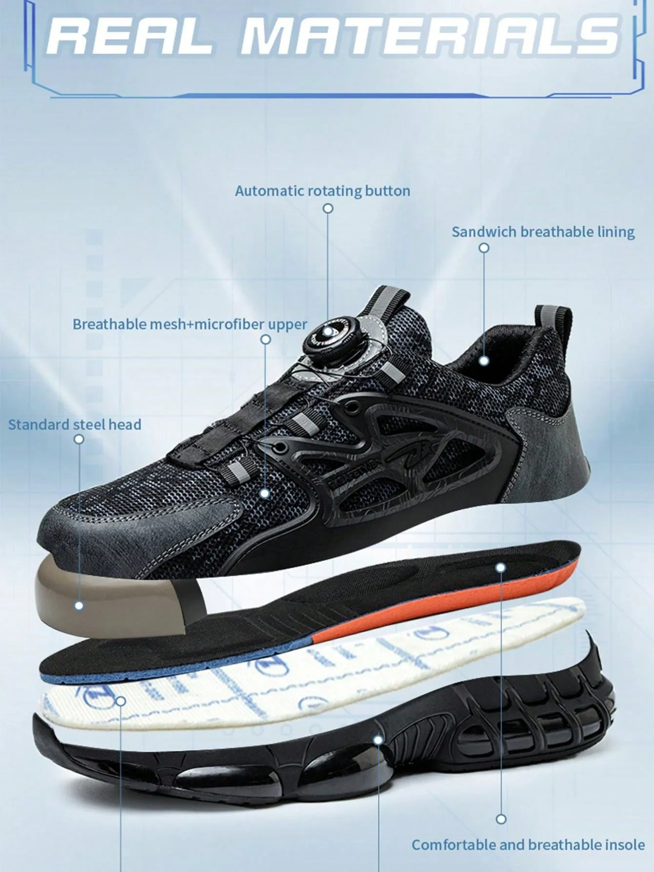 Men's Safety Shoes with Rotation Buckle Fastening System