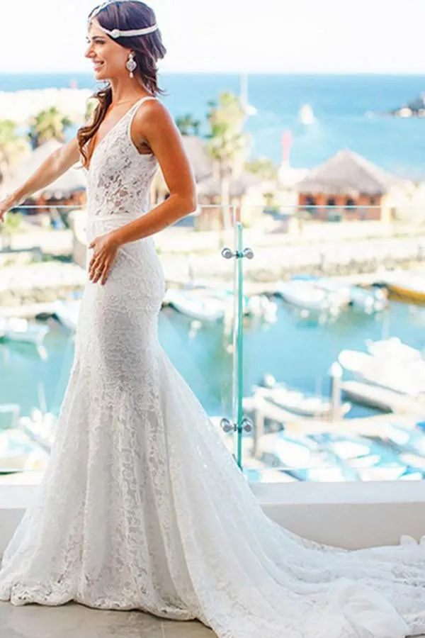 Mermaid Lace V-neck Court Train Beach Wedding Dress WD107