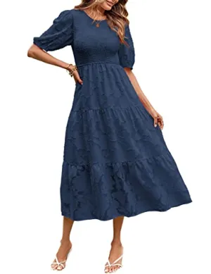 MEROKEETY Women's Boho Short Sleeve Crewneck Smocked Dress Floral Swing A-Line Beach Dresses,Navy,L