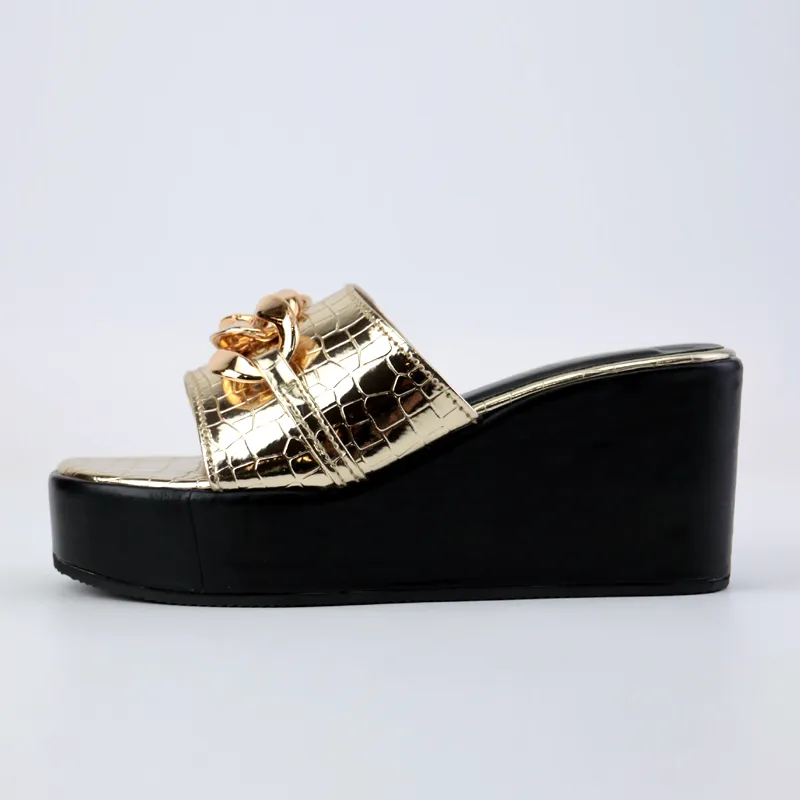 Metallic Pattern Chain Wedge Heels