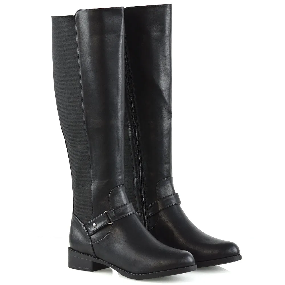 MIKAYLA WINTER ELASTICATED ZIP-UP FLAT KNEE HIGH BOOTS IN BLACK SYNTHETIC LEATHER