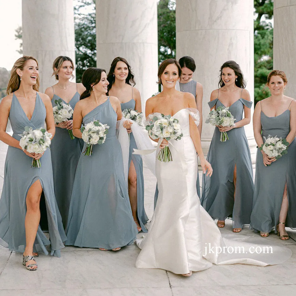 Mismatched Long Bridesmaid Dress,A Line Chiffon V Neck Wedding Guest Dresses