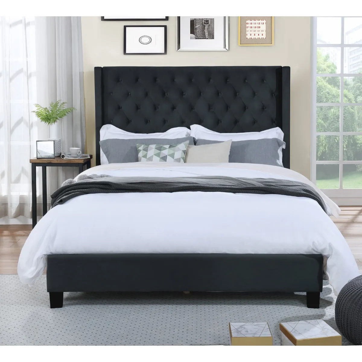 Modern Winged Headboard Queen Bed