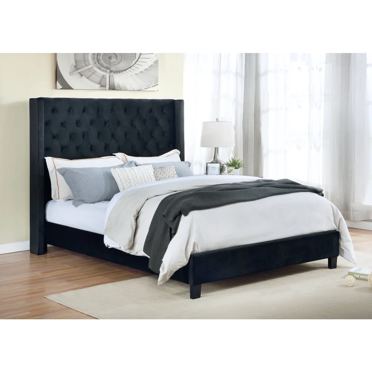 Modern Winged Headboard Queen Bed