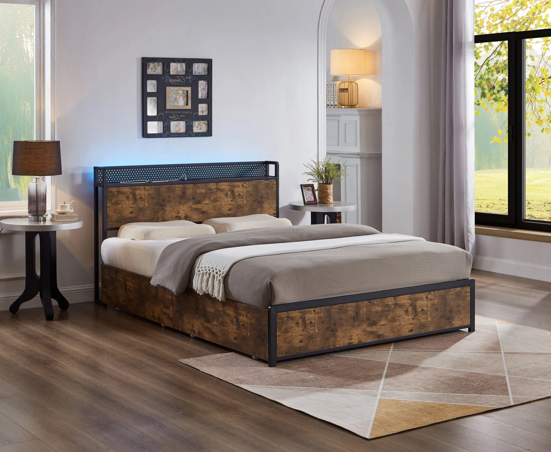 Modern Wood Grain and Metal Frame Storage Bed