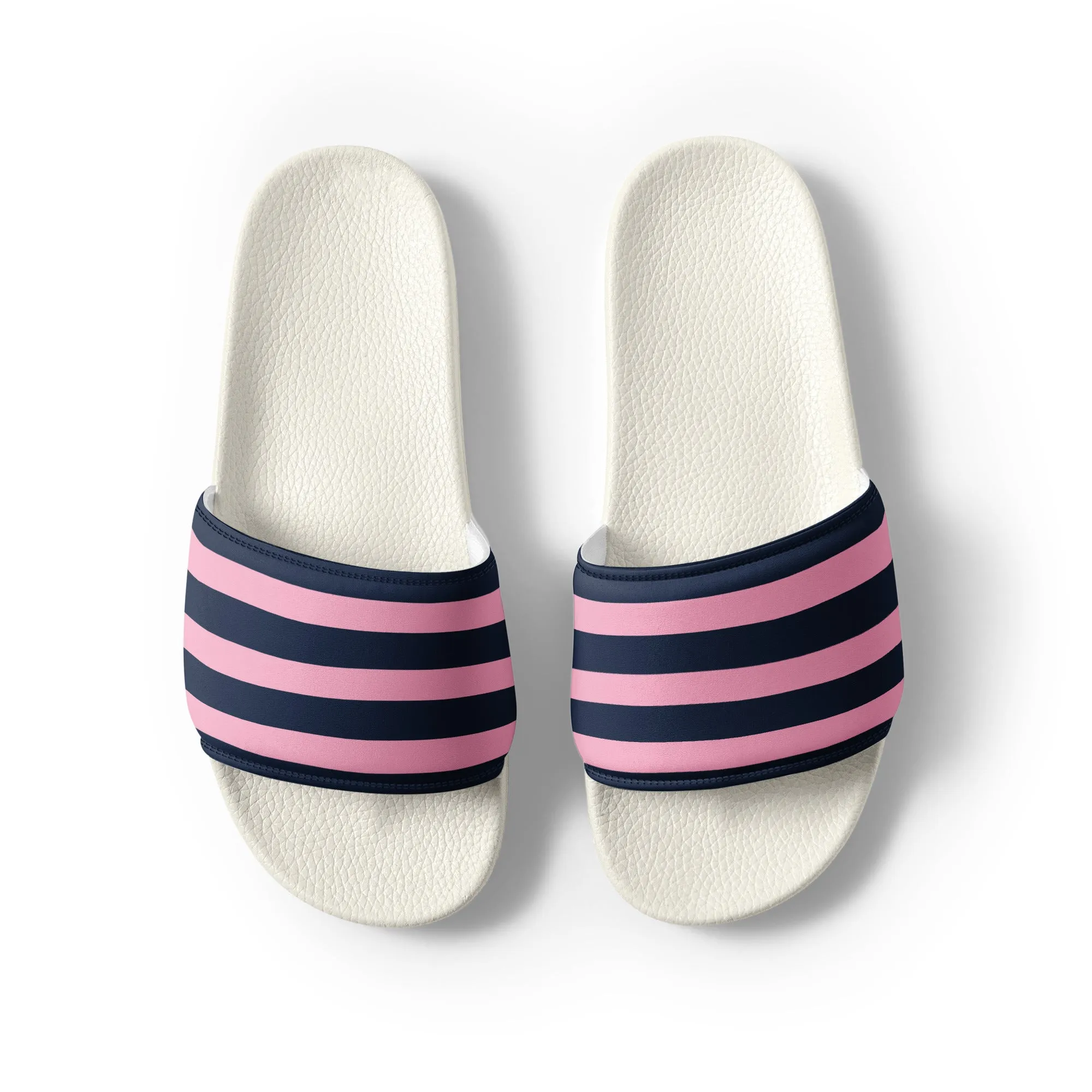 Navy Blue and Pink Beach Stripes Women’s Slide Sandals