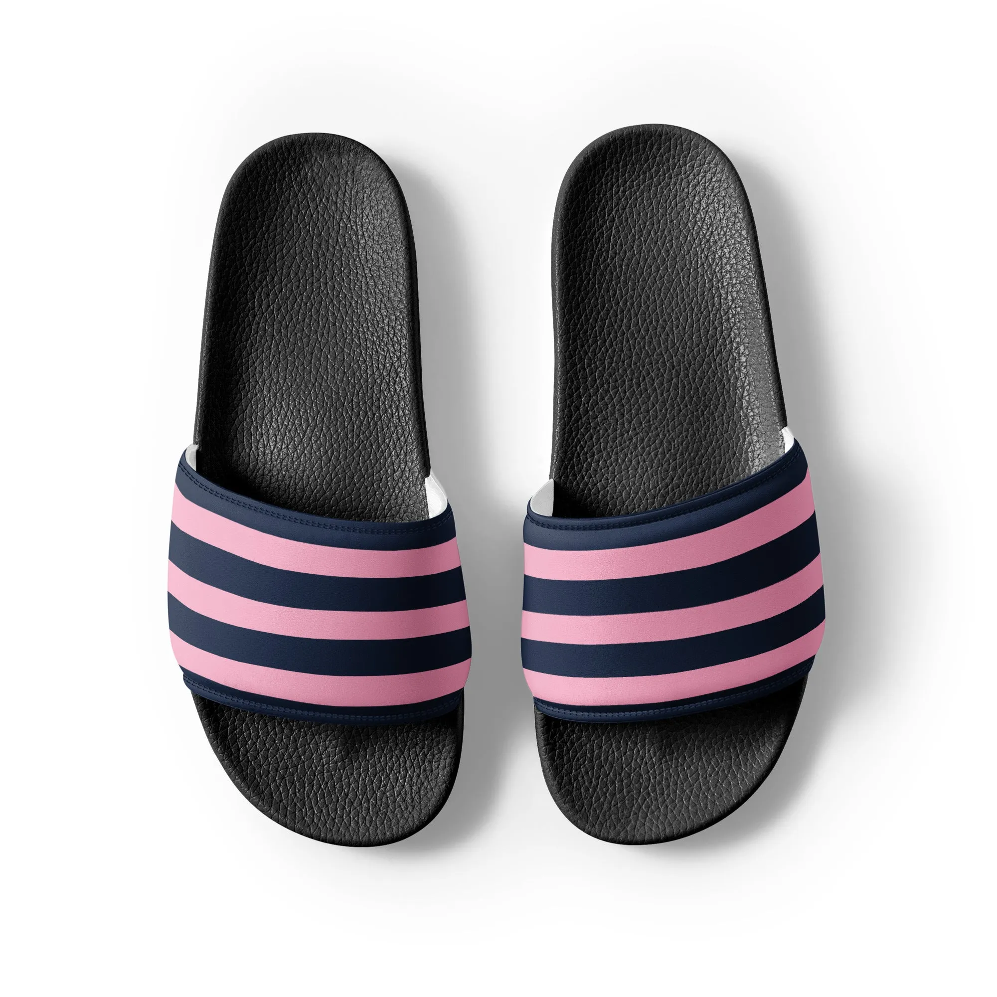 Navy Blue and Pink Beach Stripes Women’s Slide Sandals