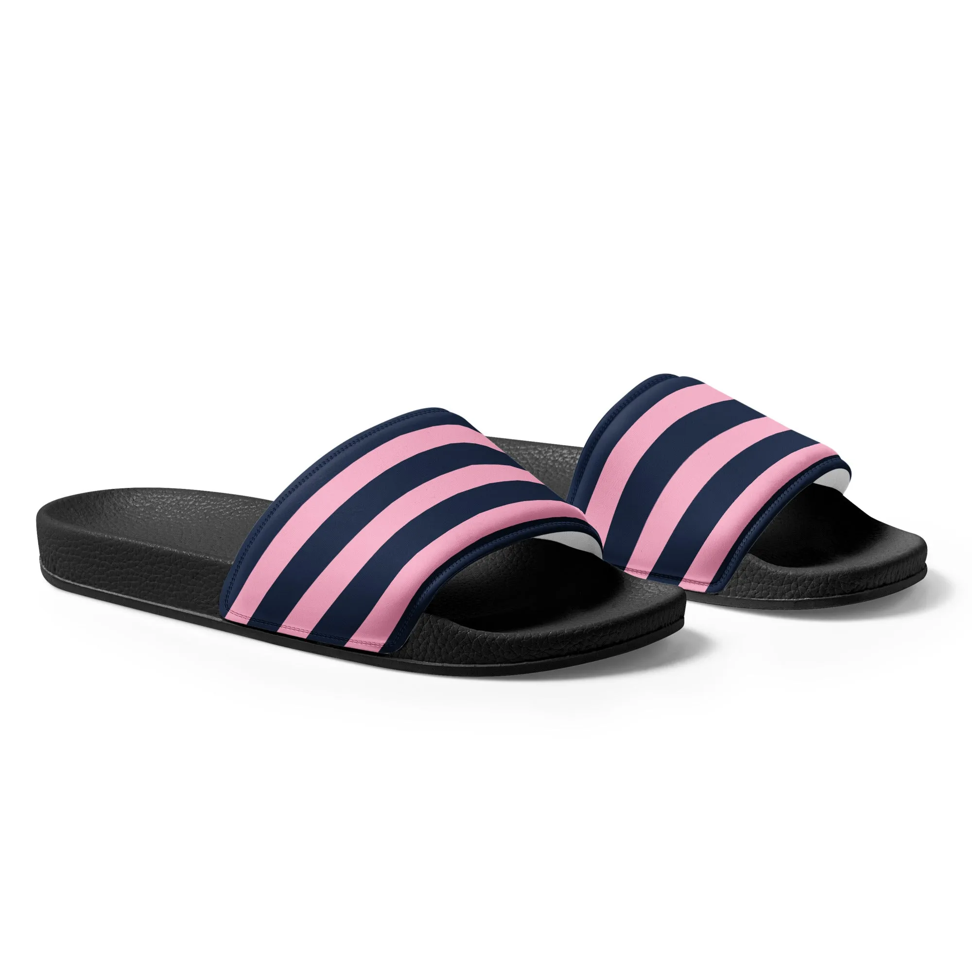 Navy Blue and Pink Beach Stripes Women’s Slide Sandals