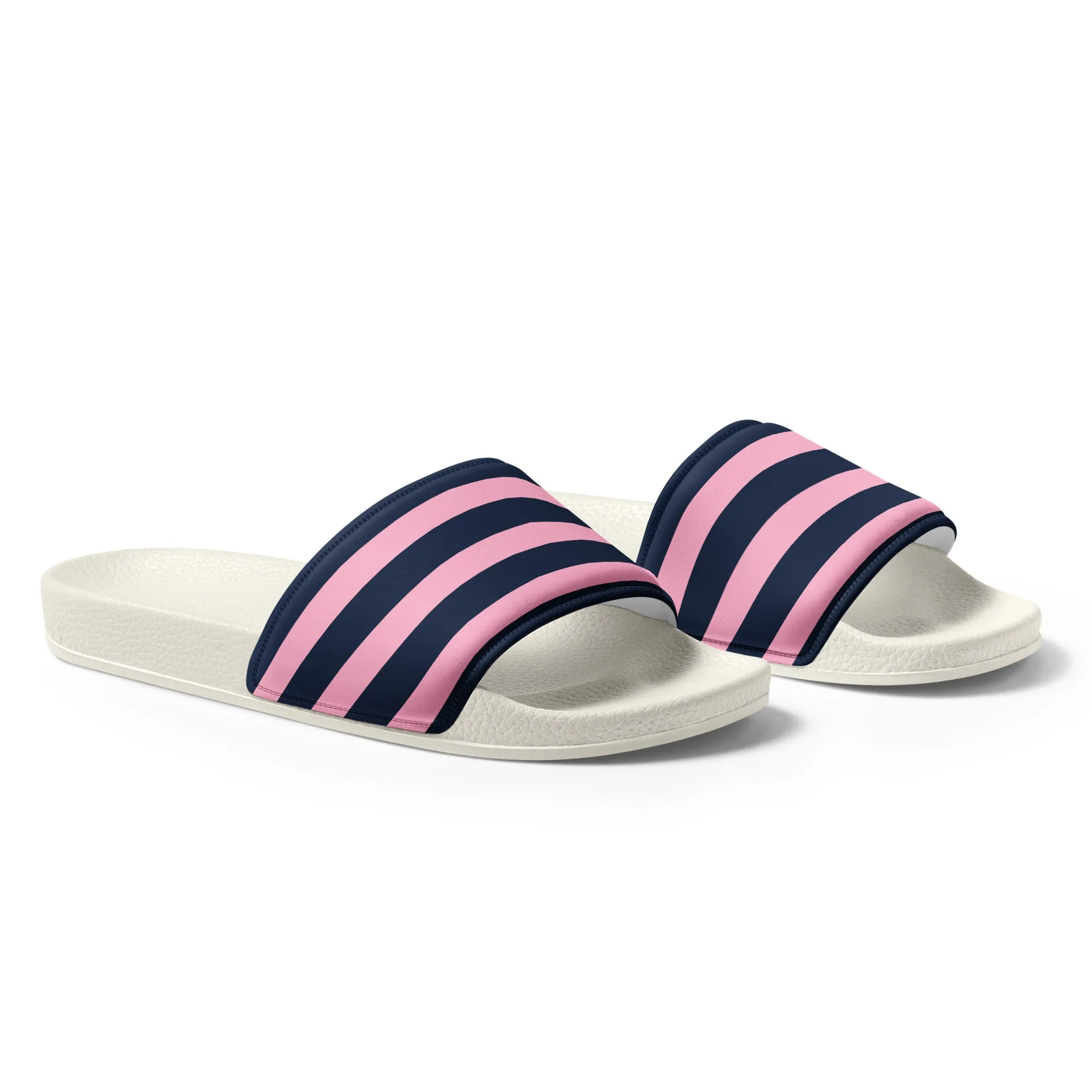 Navy Blue and Pink Beach Stripes Women’s Slide Sandals