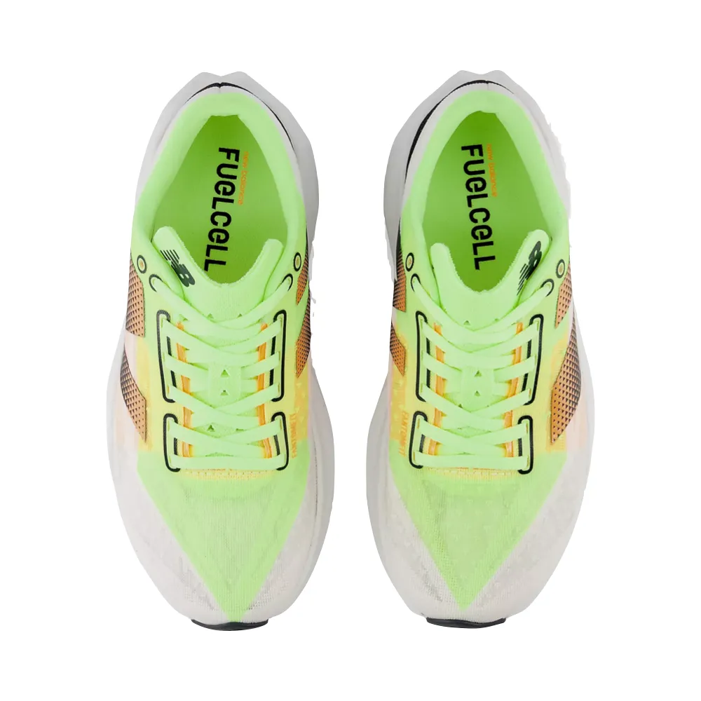 New Balance Women's FuelCell Rebel v4 Sneaker in White with Bleached Lime Glo and Hot Mango