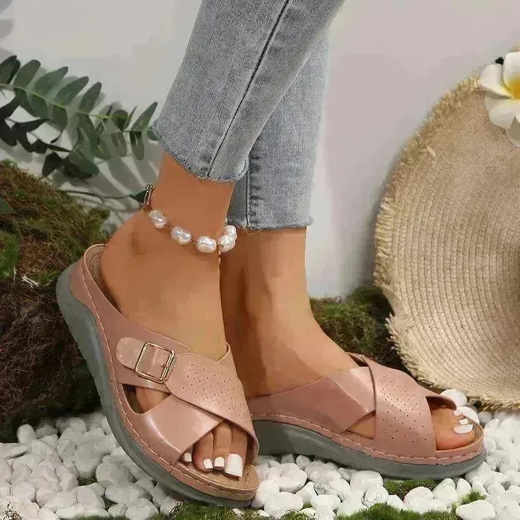 New Buckle Cross-design Slippers Summer Wedges Sandals Fashion Women's Beach Shoes