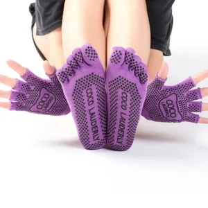 Non-slip Open Finger Yoga Sports Gloves Five Finger Yoga Socks Set, Size: One Size(Purple)