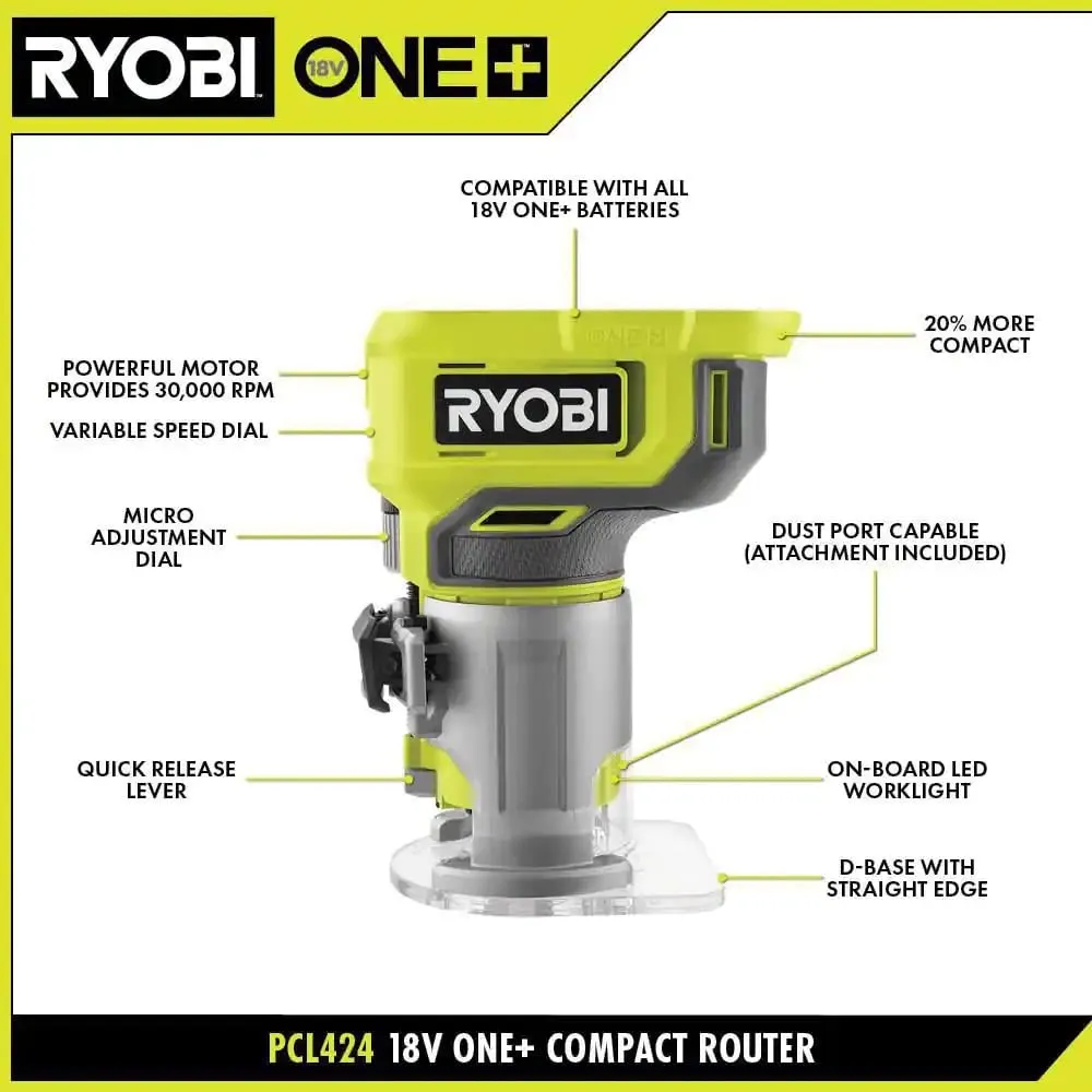 Open Box -  RYOBI ONE  18V Cordless Compact Fixed Base Router (Tool Only)