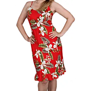 Orchid and Fern Print Spaghetti Strap Summer Floral Print Dress | Red