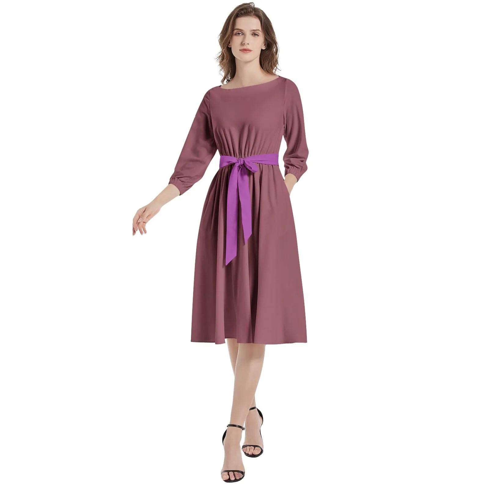 Plum Berry Boat Neck Belted Flared Dress