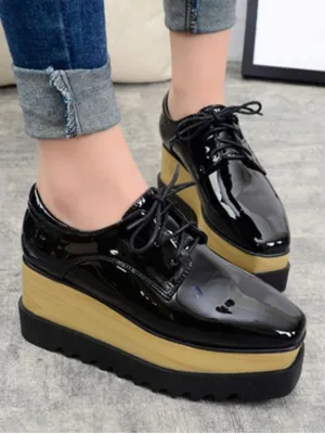 Pretty Black Lace-Up Patent Leather Platform Shoes