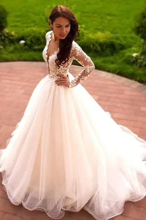 Princess A-Line V-Neck Tulle Ivory Long Sleeves Wedding Dresses  WD181