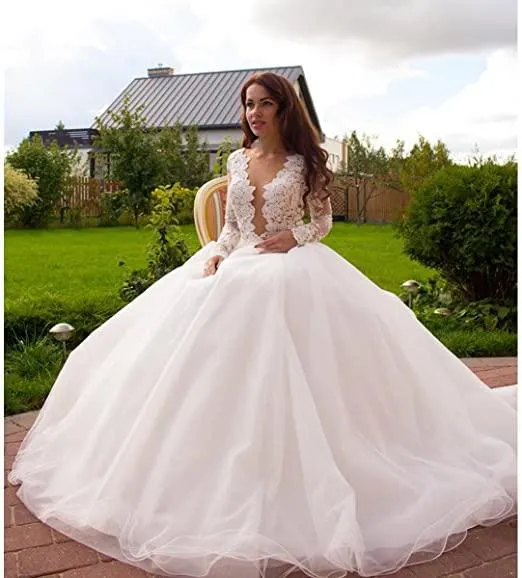 Princess A-Line V-Neck Tulle Ivory Long Sleeves Wedding Dresses  WD181